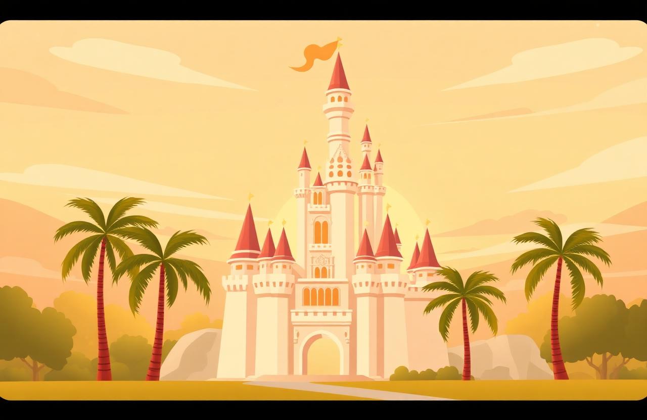 A storybook castle at golden hour with palm trees